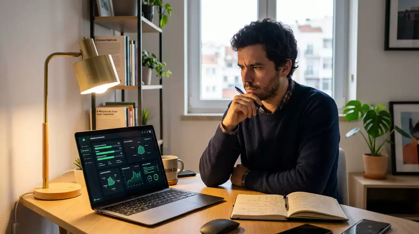 Apostador português a analisar requisitos de rollover e odds mínimas num ecrã de computador